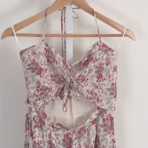 WAYF Dress Halter Top Midi Length Cut Out Abdomen Pink White Floral Tie Neck - Picture 7 of 16